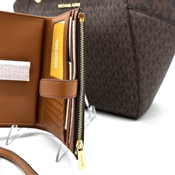 Michael Kors Large Jet Set Travel Chain Shoulder Bag & Double Zip Wallet Brown - Picture 14 of 15